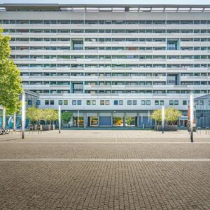 Contemporary building facade in Dresden, Germany on a sunny day.